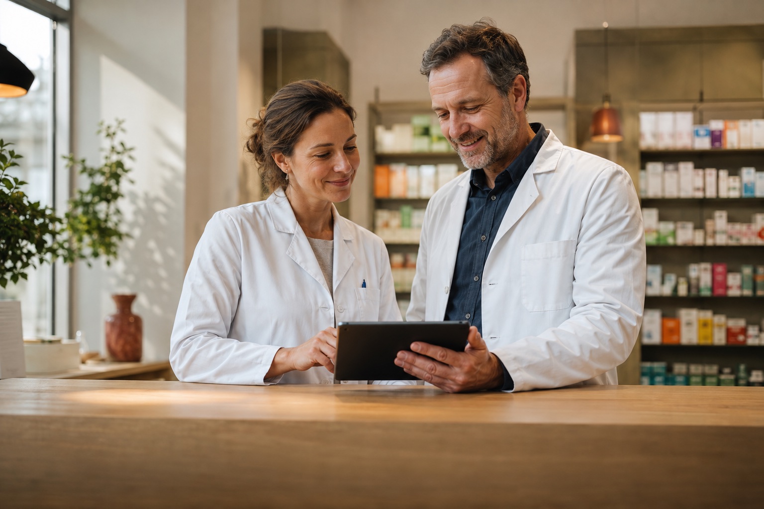 Apothekenteam schaut gemeinsam auf ein Tablet in einer hellen Apotheke.