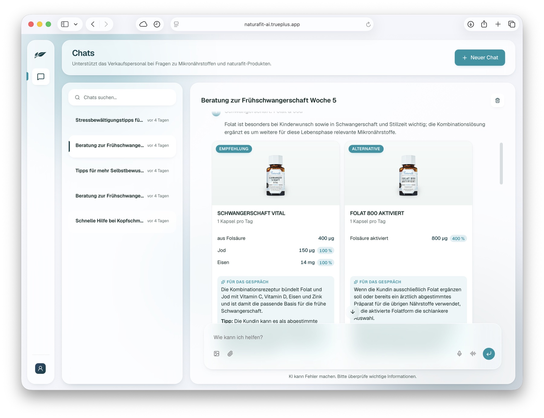 Preview of naturafit AI: a German chat interface with naturafit product cards.